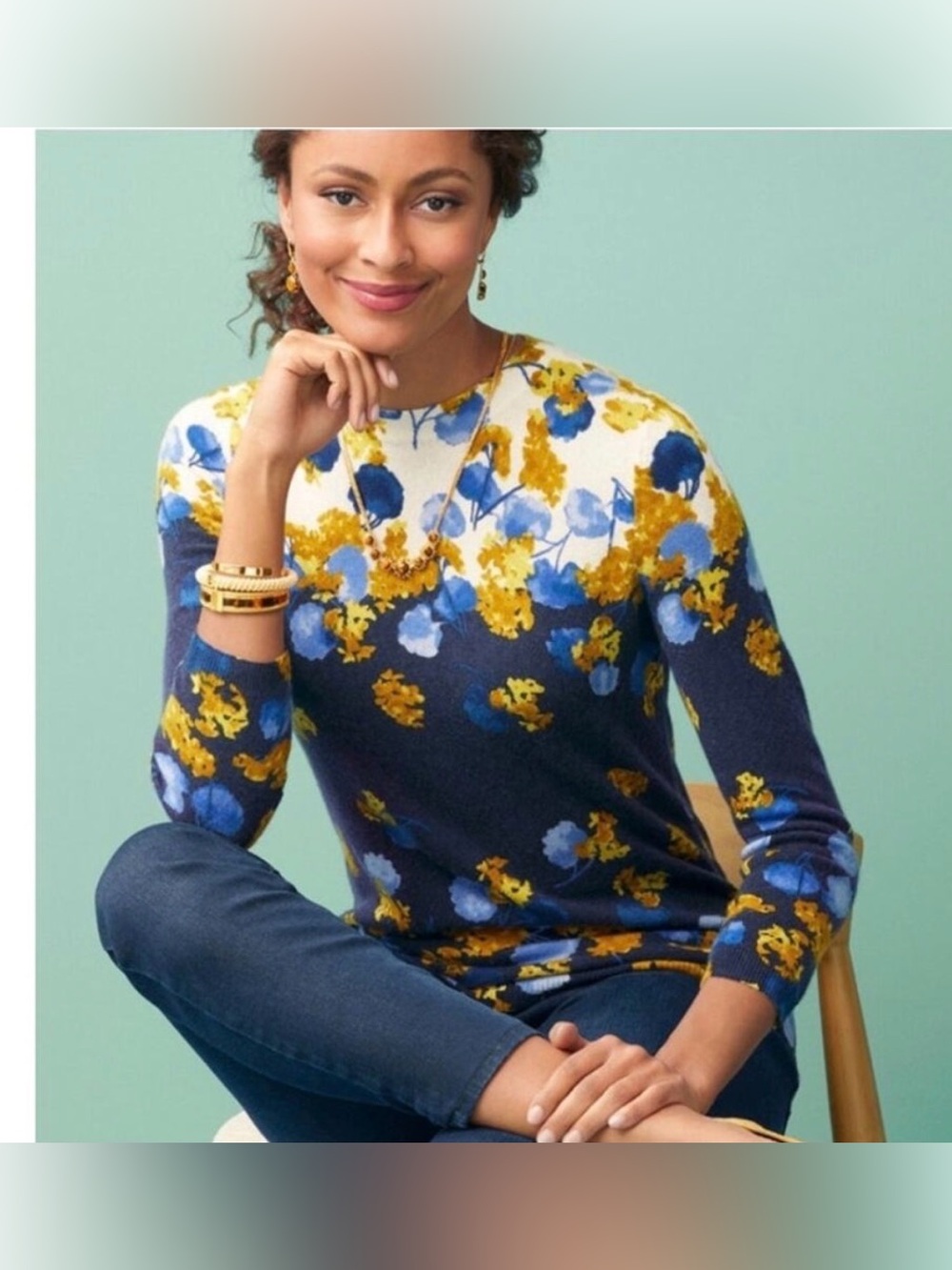 Talbots Pure Cashmere Sweater Womens LP 
Petite Floral 3/4 Sleeve Navy Blue